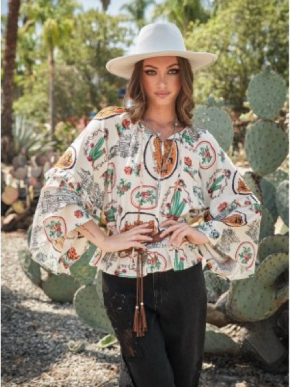Cream Boho Peasant Blouse with Green & Orange Motif